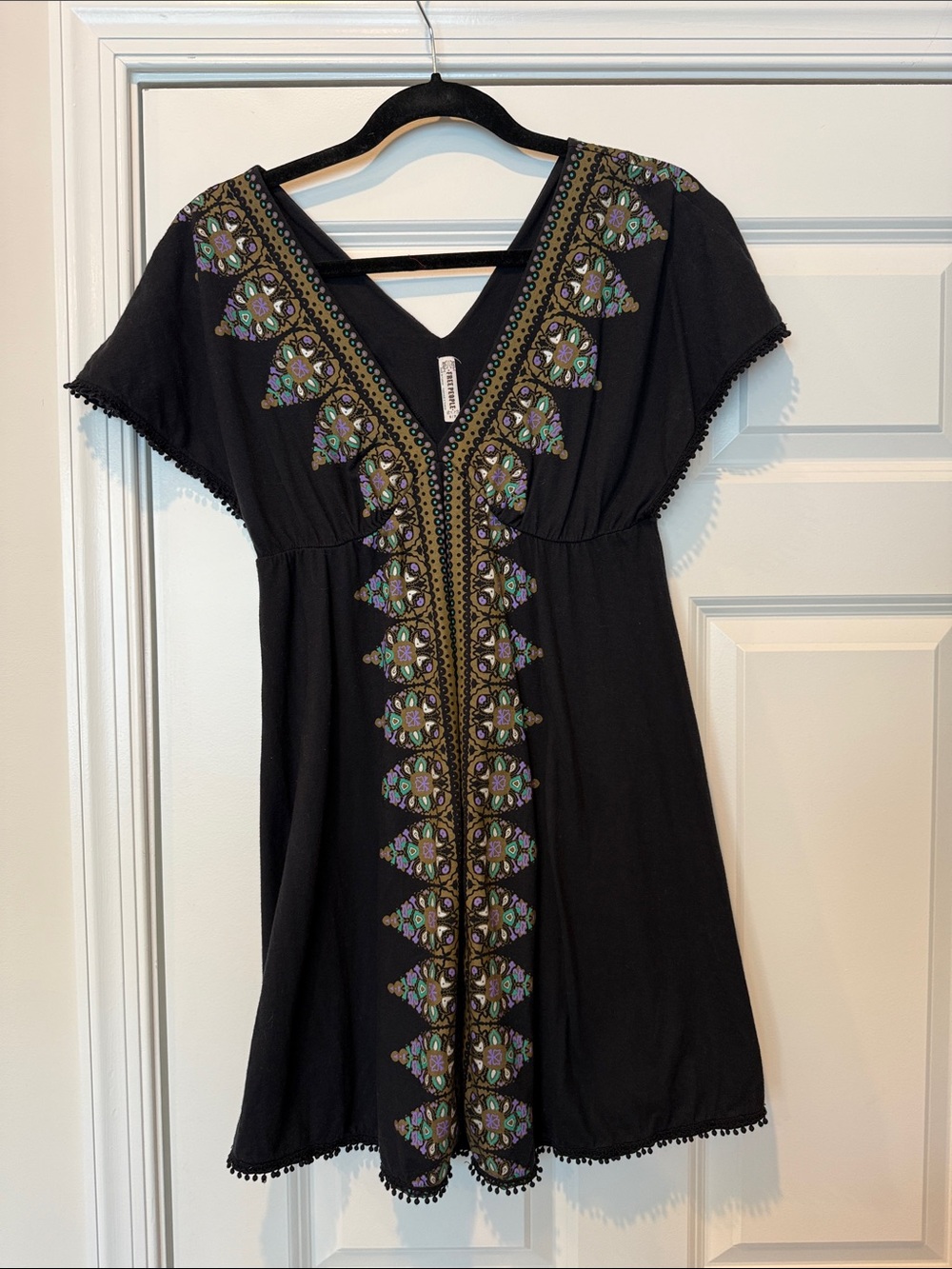 Free People Black V-Neck Dress with Gold & Teal Embroidery 32” Length 14” chest